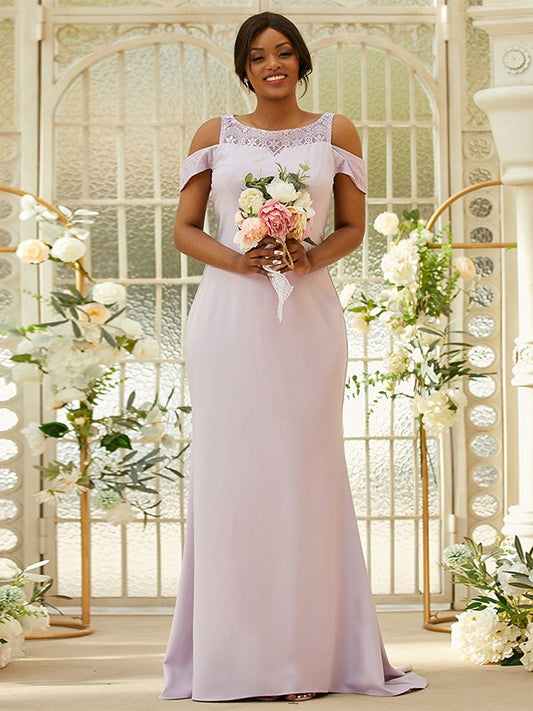 Sheath/Column Stretch Crepe Lace Scoop Sleeveless Sweep/Brush Train Bridesmaid Dresses Evening Dress