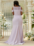 Sheath/Column Stretch Crepe Lace Scoop Sleeveless Sweep/Brush Train Bridesmaid Dresses Evening Dress