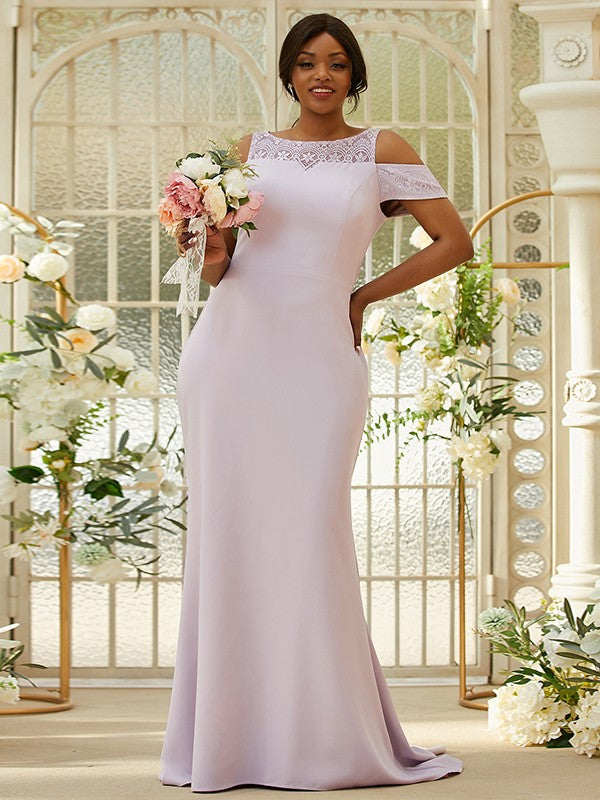 Sheath/Column Stretch Crepe Lace Scoop Sleeveless Sweep/Brush Train Bridesmaid Dresses Evening Dress