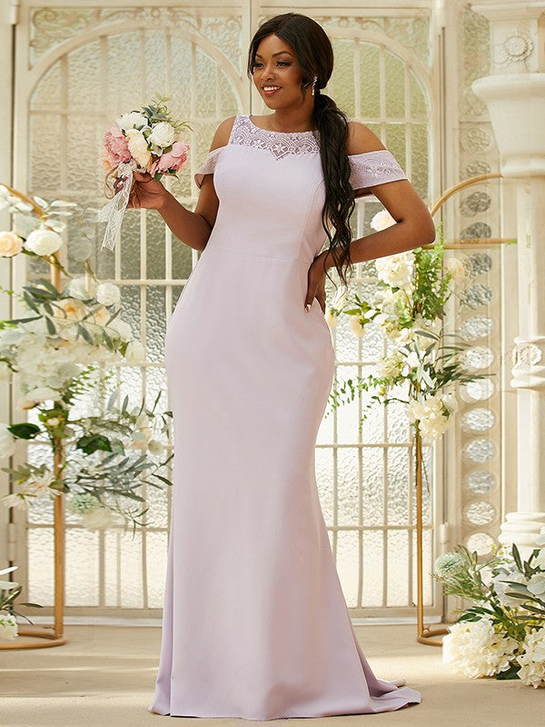 Sheath/Column Stretch Crepe Lace Scoop Sleeveless Sweep/Brush Train Bridesmaid Dresses Evening Dress