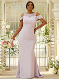 Sheath/Column Stretch Crepe Lace Scoop Sleeveless Sweep/Brush Train Bridesmaid Dresses Evening Dress