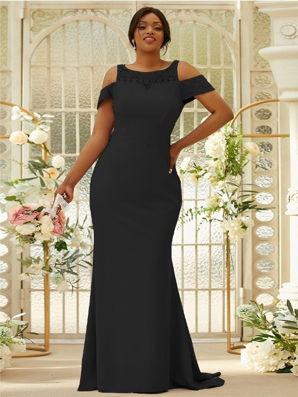 Sheath/Column Stretch Crepe Lace Scoop Sleeveless Sweep/Brush Train Bridesmaid Dresses Evening Dress