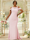 Sheath/Column Stretch Crepe Lace Scoop Sleeveless Sweep/Brush Train Bridesmaid Dresses Evening Dress