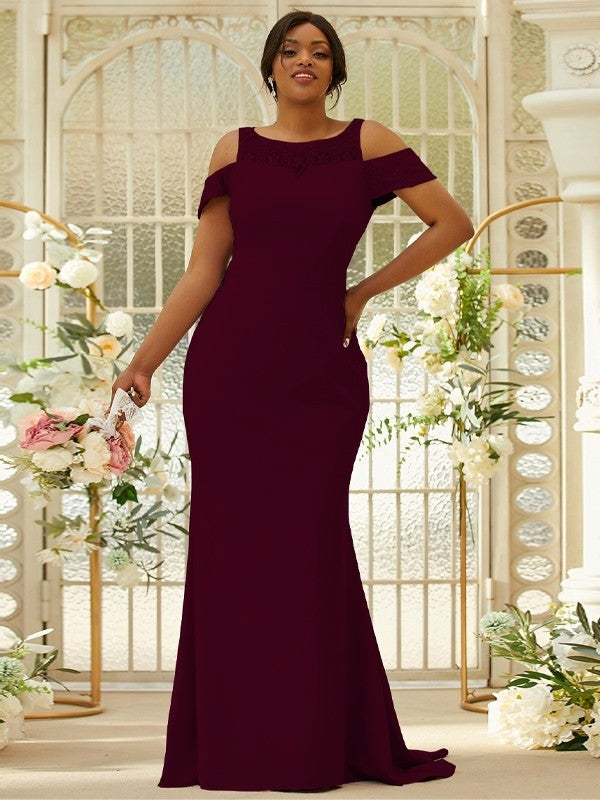 Sheath/Column Stretch Crepe Lace Scoop Sleeveless Sweep/Brush Train Bridesmaid Dresses Evening Dress
