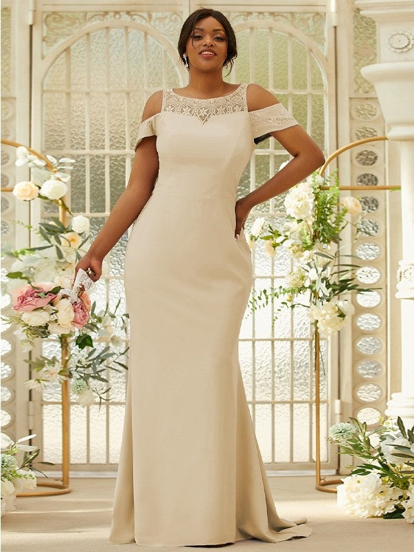 Sheath/Column Stretch Crepe Lace Scoop Sleeveless Sweep/Brush Train Bridesmaid Dresses Evening Dress
