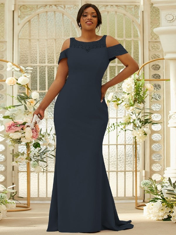 Sheath/Column Stretch Crepe Lace Scoop Sleeveless Sweep/Brush Train Bridesmaid Dresses Evening Dress
