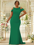 Sheath/Column Stretch Crepe Lace Scoop Sleeveless Sweep/Brush Train Bridesmaid Dresses Evening Dress