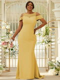 Sheath/Column Stretch Crepe Lace Scoop Sleeveless Sweep/Brush Train Bridesmaid Dresses Evening Dress