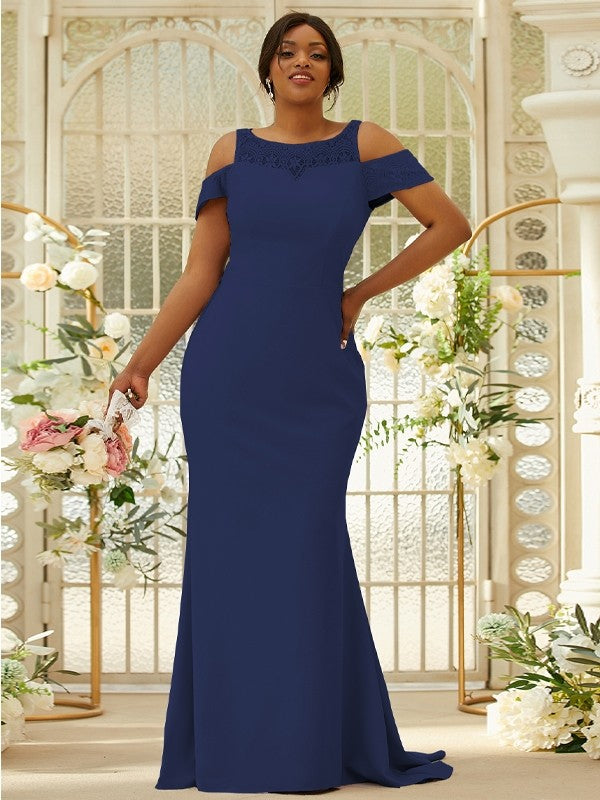 Sheath/Column Stretch Crepe Lace Scoop Sleeveless Sweep/Brush Train Bridesmaid Dresses Evening Dress