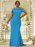 Sheath/Column Stretch Crepe Lace Scoop Sleeveless Sweep/Brush Train Bridesmaid Dresses Evening Dress