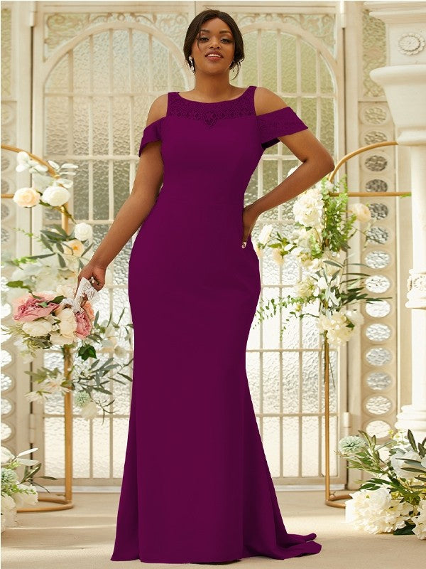 Sheath/Column Stretch Crepe Lace Scoop Sleeveless Sweep/Brush Train Bridesmaid Dresses Evening Dress