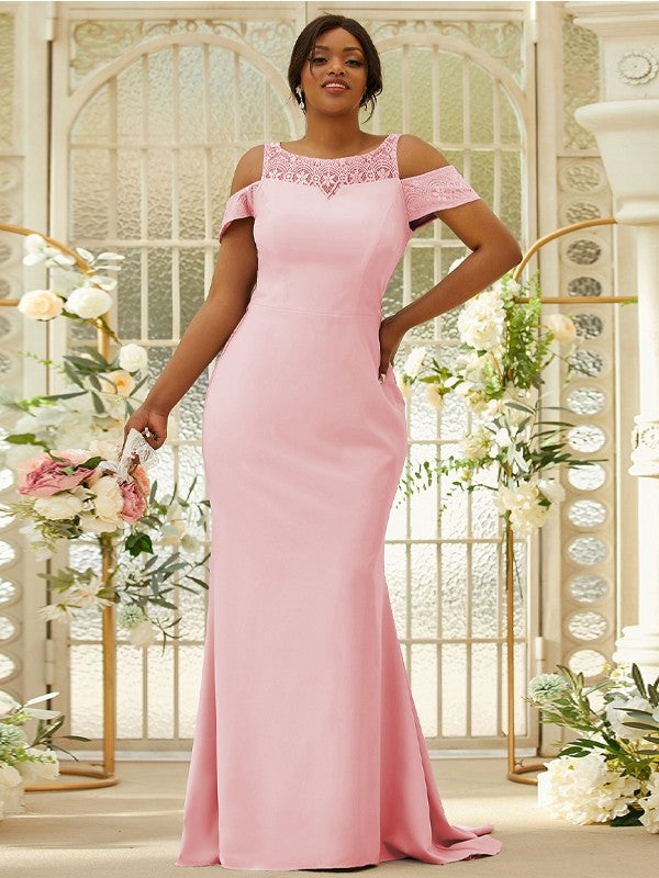 Sheath/Column Stretch Crepe Lace Scoop Sleeveless Sweep/Brush Train Bridesmaid Dresses Evening Dress