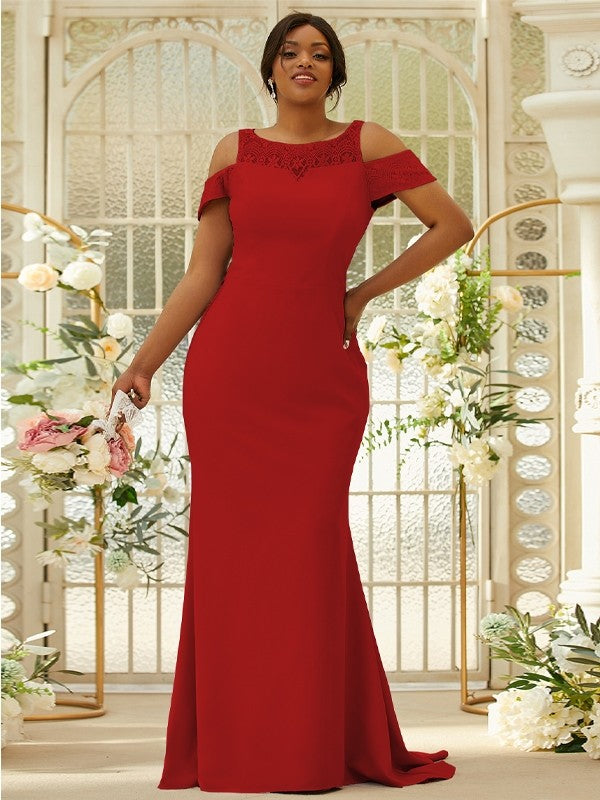 Sheath/Column Stretch Crepe Lace Scoop Sleeveless Sweep/Brush Train Bridesmaid Dresses Evening Dress