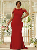 Sheath/Column Stretch Crepe Lace Scoop Sleeveless Sweep/Brush Train Bridesmaid Dresses Evening Dress