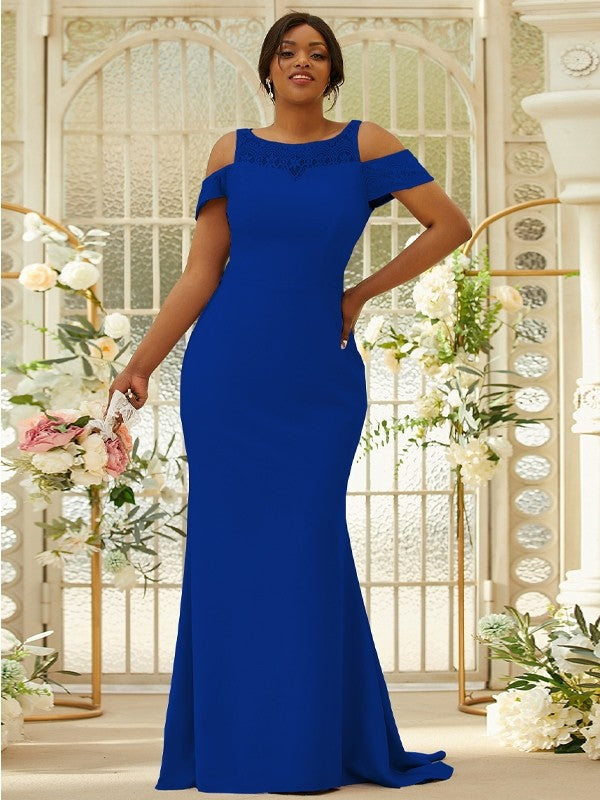 Sheath/Column Stretch Crepe Lace Scoop Sleeveless Sweep/Brush Train Bridesmaid Dresses Evening Dress