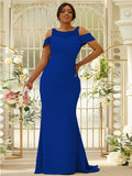 Sheath/Column Stretch Crepe Lace Scoop Sleeveless Sweep/Brush Train Bridesmaid Dresses Evening Dress