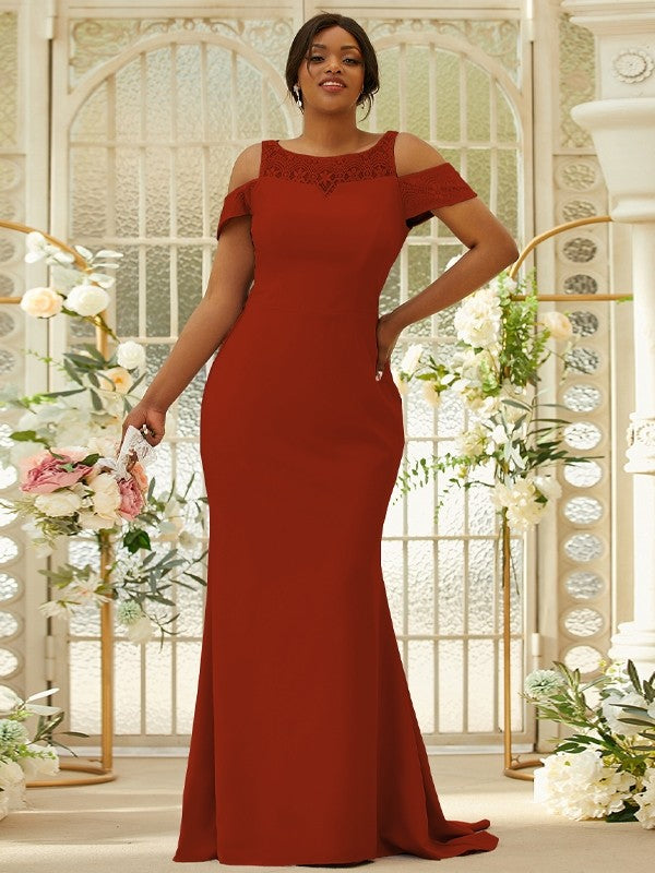 Sheath/Column Stretch Crepe Lace Scoop Sleeveless Sweep/Brush Train Bridesmaid Dresses Evening Dress