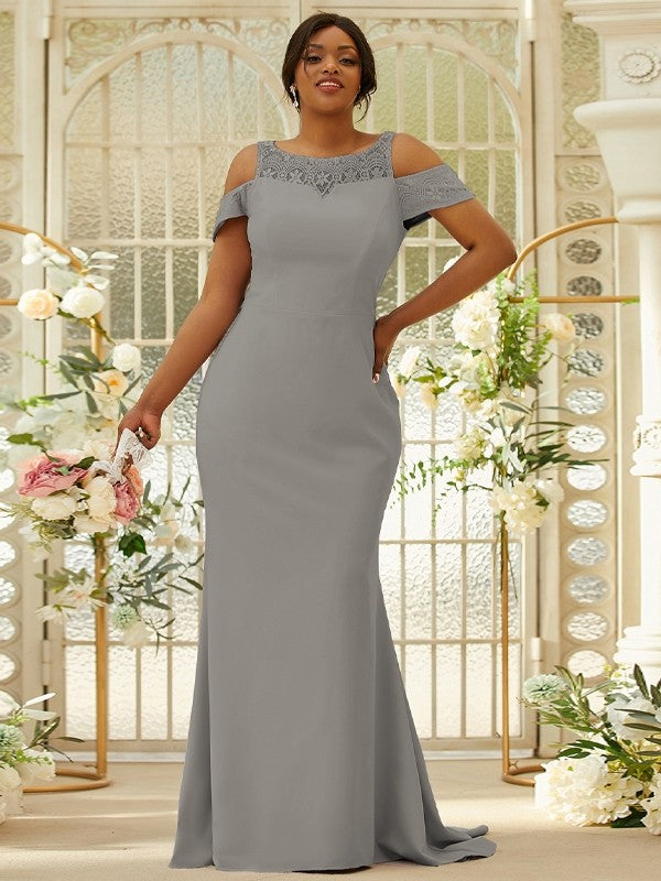 Sheath/Column Stretch Crepe Lace Scoop Sleeveless Sweep/Brush Train Bridesmaid Dresses Evening Dress