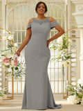 Sheath/Column Stretch Crepe Lace Scoop Sleeveless Sweep/Brush Train Bridesmaid Dresses Evening Dress