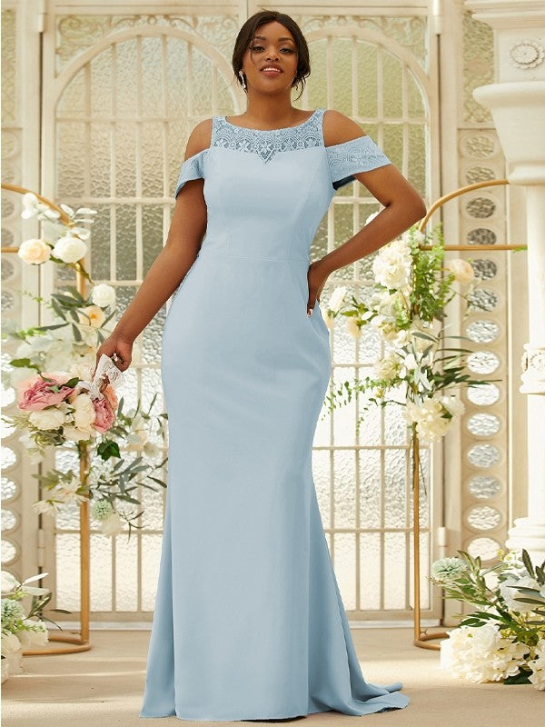 Sheath/Column Stretch Crepe Lace Scoop Sleeveless Sweep/Brush Train Bridesmaid Dresses Evening Dress