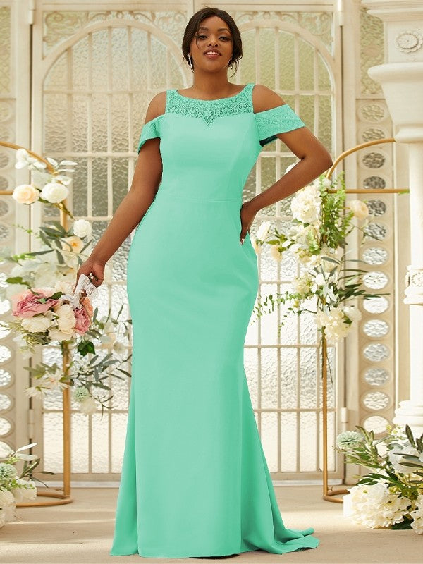 Sheath/Column Stretch Crepe Lace Scoop Sleeveless Sweep/Brush Train Bridesmaid Dresses Evening Dress