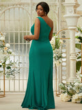 Sheath/Column Jersey Ruffles One-Shoulder Sleeveless Sweep/Brush Train Bridesmaid Dresses Evening Dress