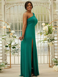 Sheath/Column Jersey Ruffles One-Shoulder Sleeveless Sweep/Brush Train Bridesmaid Dresses Evening Dress