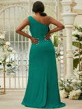Sheath/Column Jersey Ruffles One-Shoulder Sleeveless Sweep/Brush Train Bridesmaid Dresses Evening Dress