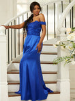 Sheath/Column Silk like Satin Applique Off-the-Shoulder Sleeveless Sweep/Brush Train Bridesmaid Dresses Evening Dress