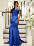 Sheath/Column Silk like Satin Applique Off-the-Shoulder Sleeveless Sweep/Brush Train Bridesmaid Dresses Evening Dress