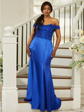 Sheath/Column Silk like Satin Applique Off-the-Shoulder Sleeveless Sweep/Brush Train Bridesmaid Dresses Evening Dress
