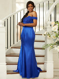 Sheath/Column Silk like Satin Applique Off-the-Shoulder Sleeveless Sweep/Brush Train Bridesmaid Dresses Evening Dress