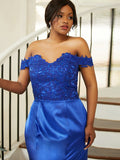 Sheath/Column Silk like Satin Applique Off-the-Shoulder Sleeveless Sweep/Brush Train Bridesmaid Dresses Evening Dress
