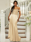 Sheath/Column Silk like Satin Applique Off-the-Shoulder Sleeveless Sweep/Brush Train Bridesmaid Dresses Evening Dress