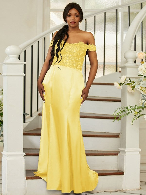 Sheath/Column Silk like Satin Applique Off-the-Shoulder Sleeveless Sweep/Brush Train Bridesmaid Dresses Evening Dress