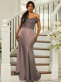 Sheath/Column Silk like Satin Applique Off-the-Shoulder Sleeveless Sweep/Brush Train Bridesmaid Dresses Evening Dress