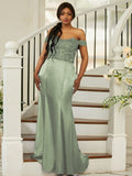 Sheath/Column Silk like Satin Applique Off-the-Shoulder Sleeveless Sweep/Brush Train Bridesmaid Dresses Evening Dress