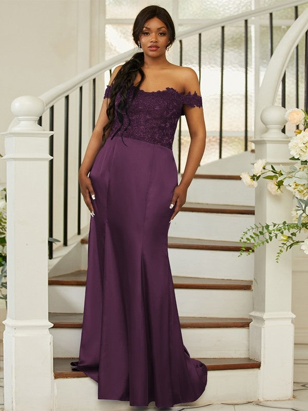 Sheath/Column Silk like Satin Applique Off-the-Shoulder Sleeveless Sweep/Brush Train Bridesmaid Dresses Evening Dress