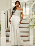 Sheath/Column Silk like Satin Applique Off-the-Shoulder Sleeveless Sweep/Brush Train Bridesmaid Dresses Evening Dress
