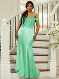 Sheath/Column Silk like Satin Applique Off-the-Shoulder Sleeveless Sweep/Brush Train Bridesmaid Dresses Evening Dress