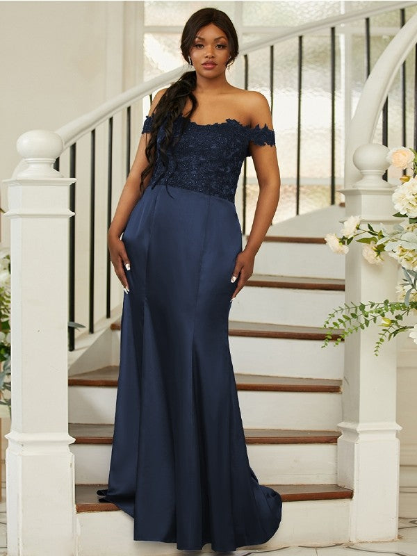 Sheath/Column Silk like Satin Applique Off-the-Shoulder Sleeveless Sweep/Brush Train Bridesmaid Dresses Evening Dress