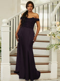 Sheath/Column Silk like Satin Applique Off-the-Shoulder Sleeveless Sweep/Brush Train Bridesmaid Dresses Evening Dress