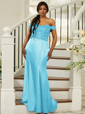 Sheath/Column Silk like Satin Applique Off-the-Shoulder Sleeveless Sweep/Brush Train Bridesmaid Dresses Evening Dress