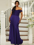 Sheath/Column Silk like Satin Applique Off-the-Shoulder Sleeveless Sweep/Brush Train Bridesmaid Dresses Evening Dress