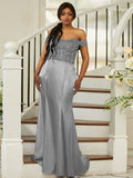 Sheath/Column Silk like Satin Applique Off-the-Shoulder Sleeveless Sweep/Brush Train Bridesmaid Dresses Evening Dress