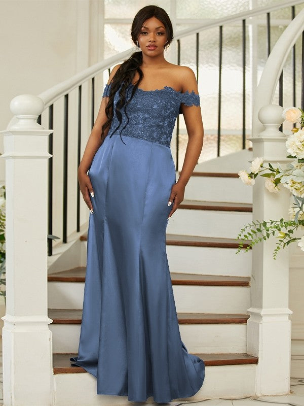 Sheath/Column Silk like Satin Applique Off-the-Shoulder Sleeveless Sweep/Brush Train Bridesmaid Dresses Evening Dress