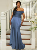 Sheath/Column Silk like Satin Applique Off-the-Shoulder Sleeveless Sweep/Brush Train Bridesmaid Dresses Evening Dress