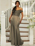 Sheath/Column Silk like Satin Applique Off-the-Shoulder Sleeveless Sweep/Brush Train Bridesmaid Dresses Evening Dress