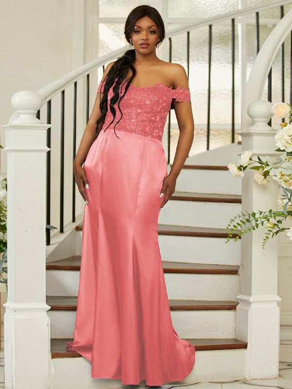 Sheath/Column Silk like Satin Applique Off-the-Shoulder Sleeveless Sweep/Brush Train Bridesmaid Dresses Evening Dress