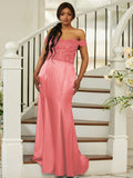 Sheath/Column Silk like Satin Applique Off-the-Shoulder Sleeveless Sweep/Brush Train Bridesmaid Dresses Evening Dress